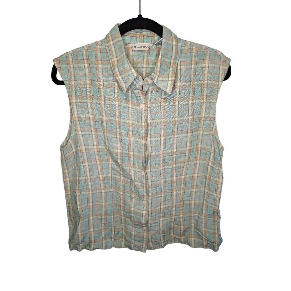 G.H Bass Sleeveless Frayed Plaid Button-Up Shirt Women's Size 10